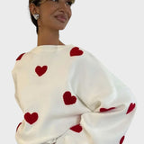 Hristina™ - Плетен пуловер с бродирани сърца